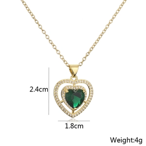 Detail showing 2.4cm green zircon heart pendant with dimensions and weight on white backdrop