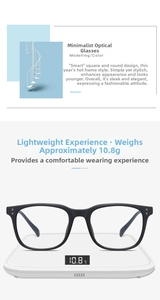 Detail view of lightweight 10.8g black TR90 optical frame weighing on digital scale