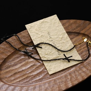 Black Glass Bead Necklace With Ribbon Bowknot And Stainless Steel Accessories Handmade Minimalist Jewelry For Women