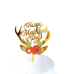 Golden mirror acrylic Mother's Day cake topper with floral deer horn design