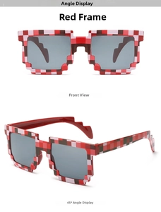 Macro view of pixelated red and pink mosaic sunglasses with gray square lenses