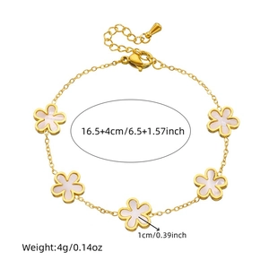 Golden five-petal flower chain bracelet with white shell luster pendants and size details