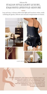 Close-up of Italian style black silk pajama set with golden floral print and lace hem