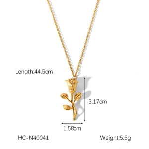 Detailed size chart of golden rose flower pendant necklace with dimensions and weight
