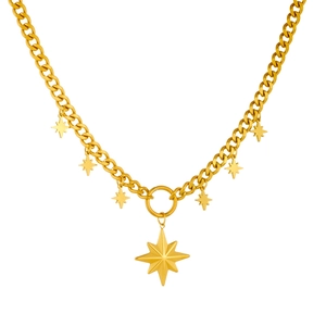 Gold stainless steel chunky chain necklace with star and wing pendants on white background