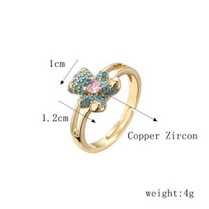 Adjustable copper ring with heart zircon and turquoise flower in gold finish