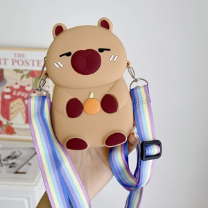Cute Capybara silicone mini crossbody bag with a colorful strap and orange charm