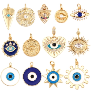 Set of 13 gold-plated evil eye charms with cubic zirconia and colorful enamel designs