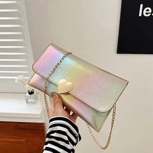 Laser Holographic Shoulder Bag PU Leather Heart Buckle Gradient Chain Crossbody Envelope Handbag Women
