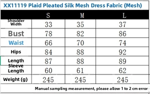 Guide des tailles pour robe en résille à carreaux avec mesures précises en S M et L