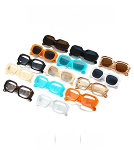 Macro detail of retro geometric square sunglasses collection with thick frames in various colors