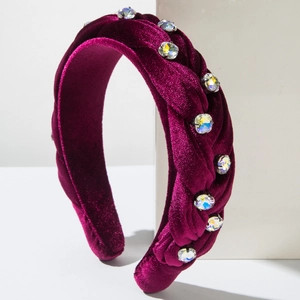 Burgundy velvet braided headband with rhinestones for a vintage vacation style