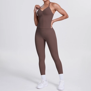 Braunes nahtloses Yoga-Set mit High-Waist-Leggings und V-Ausschnitt-Sportoberteil
