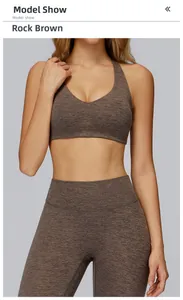 Close-up of Rock Brown brushed yoga set featuring V-neck sports bra and high waist leggings