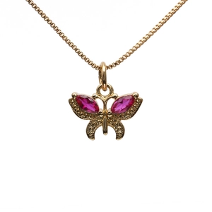 Gold butterfly pendant necklace with red marquise gems and micro-set cubic zirconia stones