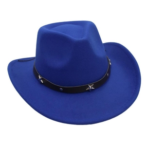 Detail of royal blue cowboy hat featuring a black leather band and silver star studs