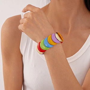 Colorful Acrylic Beaded Bracelet With Gold Alloy Accents Dopamine Style Geometric Stretch Bangle For Women Fashion Jewelry