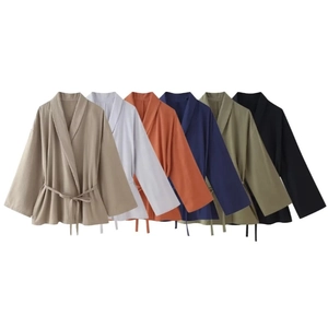 Minimalist cotton linen kimono shirt with tie waist belt shown in six natural colors