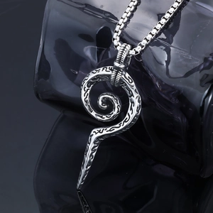 Vintage stainless steel serpent staff pendant with Viking rune detail on silver square chain