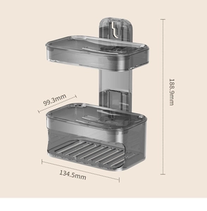 Detailed dimensions of double-layer wall-mounted grey soap dish with drainage holes