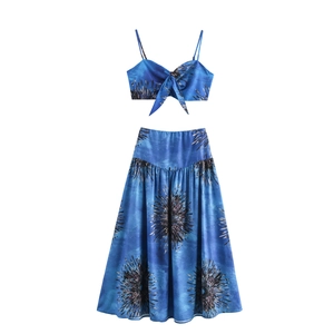 Women Vacation Abstract Print Sleeveless Tie Front Crop Top And High Waist A Line Maxi Skirt Polyester