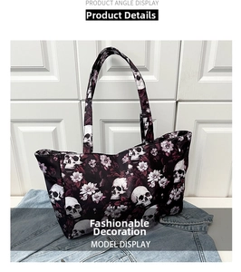Detailed view of tote bag with skull and flower print and large capacity design