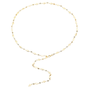 Detail of gold-plated heart chain with sparkling crystals and a Y-shaped drop design