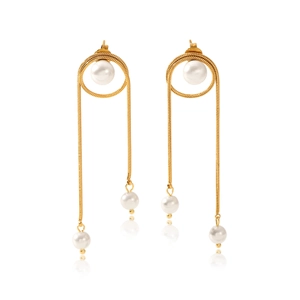 Elegant gold hoop earrings with pearl tassel and snake chain drops on white background