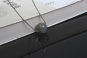 Macro shot of S925 silver necklace with blue-flash labradorite sphere pendant on a book