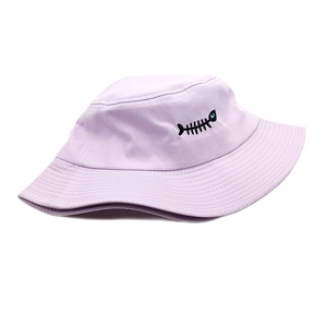 Detail view of purple cotton bucket hat featuring premium black fishbone embroidery