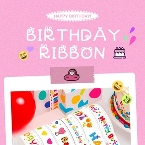 Close-up of birthday ribbon with Happy Birthday text and colorful party patterns