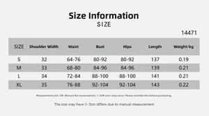 Size chart showing shoulder, waist, bust and length measurements for slim fit jumpsuit