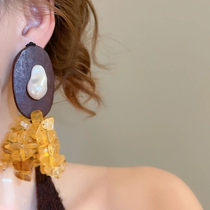 Detail of resin beads and wooden oval earrings worn by a model in a warm-toned close-up shot