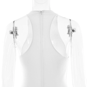 Detail of white sleeveless dress showing racerback design and hidden back zipper