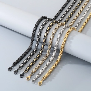 Polished stainless steel byzantine square link necklaces in diverse metallic finishes