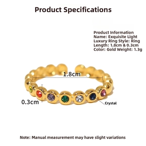 Detailed view of golden beaded ring with seven colorful crystals and dimension specs