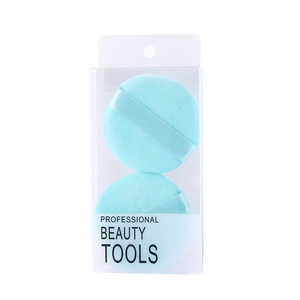 Set of two ultra soft light blue round powder puffs in clear professional beauty case