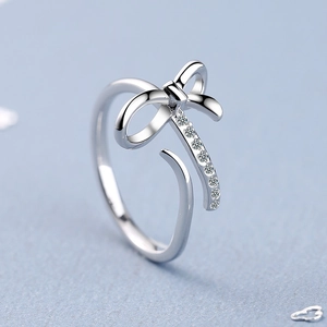 Elegant silver bowknot open ring with sparkling pavé cubic zirconia for women