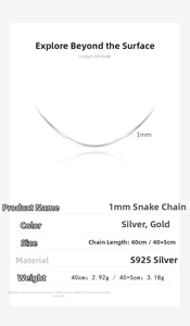 Tabella delle specifiche per catena serpente 1mm in argento S925 in oro e argento