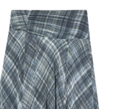 Detailed macro shot of the blue and grey plaid fabric texture on a high-waisted midi skirt