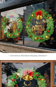 Détails d'autocollants de couronne de Noël verte avec nœuds rouges sur une vitrine