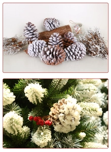 Detailed view of snowy flocked pine cones for Christmas decor and holiday flower basket