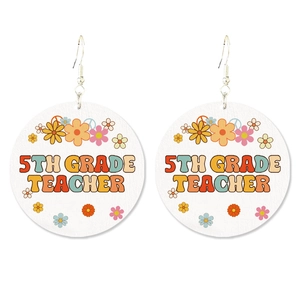 Detail showing round 5th grade teacher wood grain earrings with retro floral print