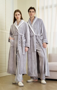 Couples thick fleece long robes set in light grey with white contrast lapel and waist tie