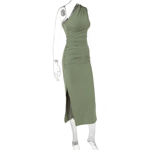 Detail of olive green midi dress featuring side ruching and a sexy high slit design