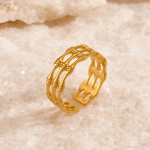Stainless Steel Hollow Geometric Bamboo Ribbed Adjustable Open Ring For Women Chic Niche Design Fashionable Jewelry