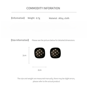 Detail specifications for black polka dot fabric square stud earrings with silver pins