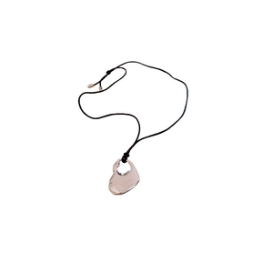 Minimalist hollow double heart pendant on black rope chain with metallic silver finish