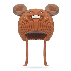 Bonnet tricoté pour enfants avec cache-oreilles marron caramel et oreilles d'ours mignonnes