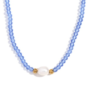 Blue crystal beaded necklace with freshwater pearl and golden steel beads on white back